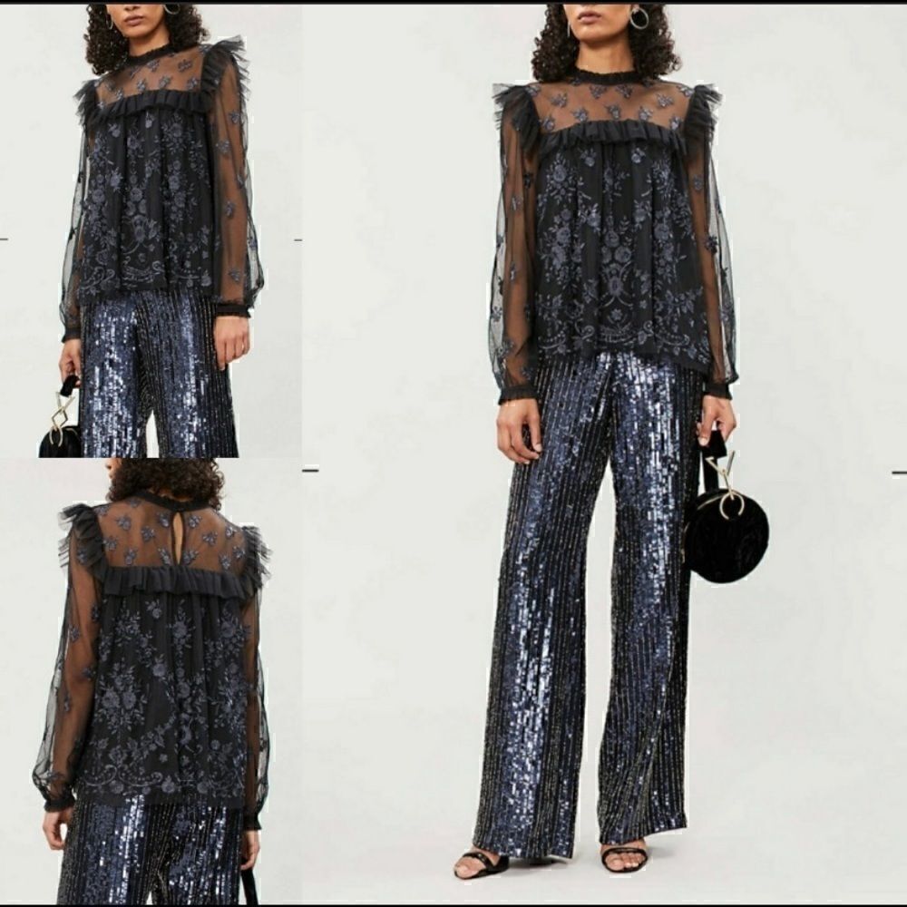 Illusion Washed Black Floral Embroidered Tulle Ruffle Longsleeve Blouse Top 6 S